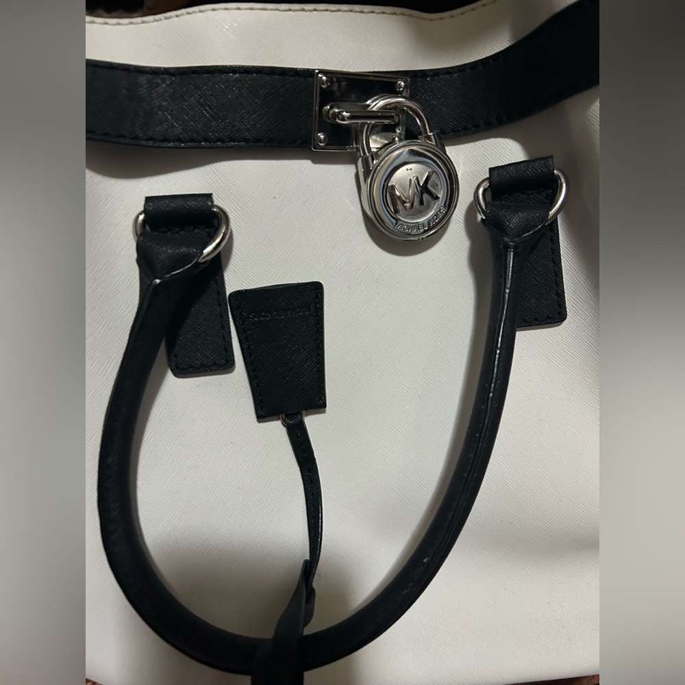 Michael Kors White and Black Hamilton Tote with Silver Hardware